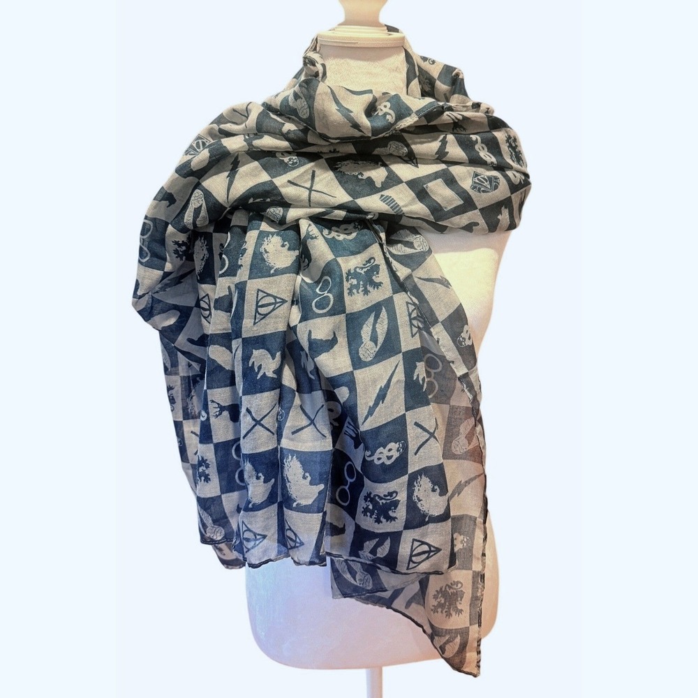 Harry Potter Bioworld Oversized Scarf Blue Hogwarts Symbols 42 x 72 Inch